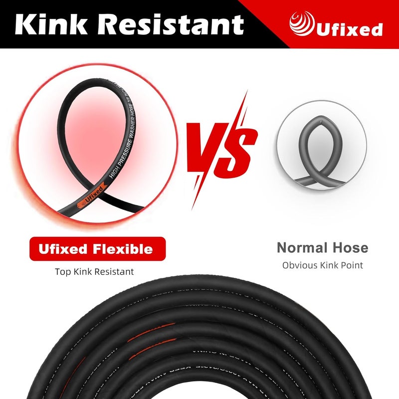 Ufixed 3/8” Pressure Washer Hose 25FT 4000psi,Rubber Hose,Quick Connect,360° Swivel,Kink-resistant,Heavy Duty,Black - Image 5